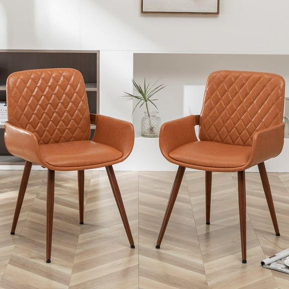 FOWEOAIU Modern Dining Chairs,Leather Upholstered Walnut Wood Kitchen Dining , Orange (Set of 6) ﻿