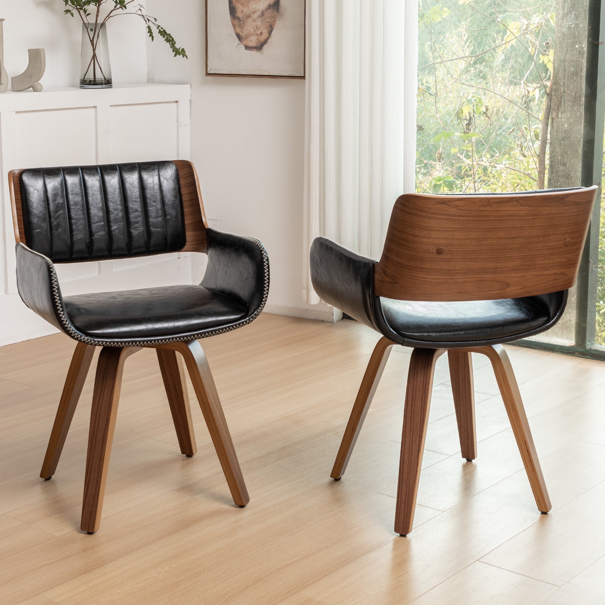 FOWEOAIU Modern Dining Chairs,Leather Upholstered Walnut Wood With rotation Kitchen Dining Chairs , Black (Set of 2)