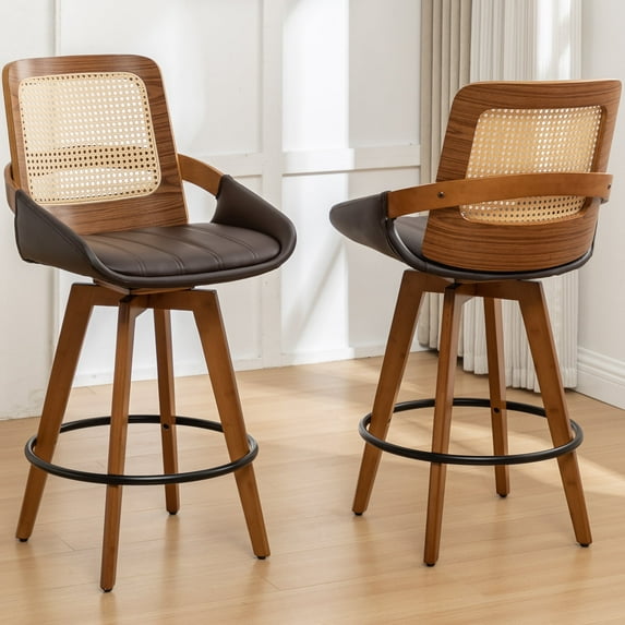 FOWEOAIU Swivel 26" Counter Height Bar Stools With Cane Rattan Back,Brown(Set of 2)
