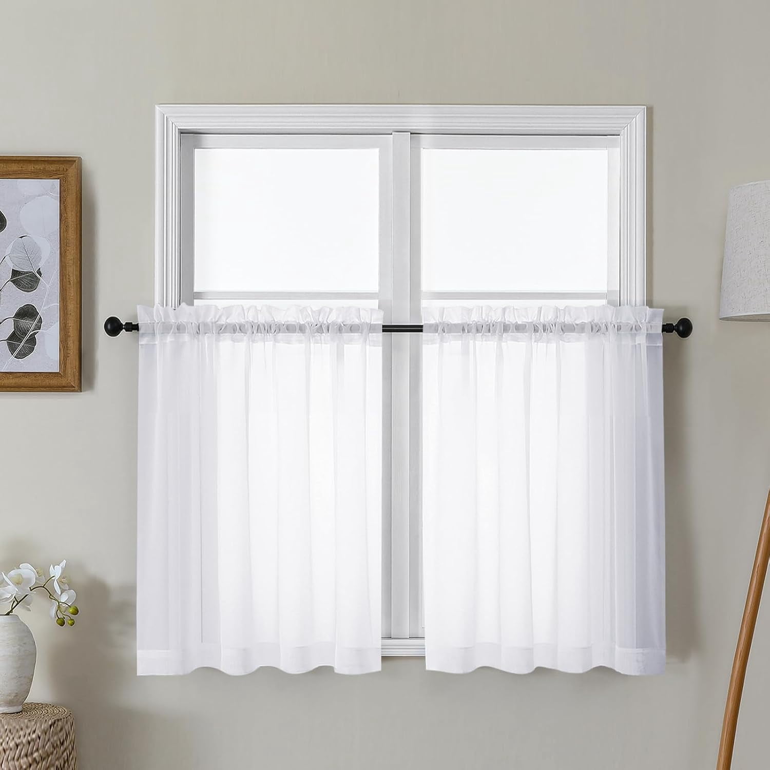 FOWWCN-White Sheer Curtains 30 Inch Length, Short Light Filtering Voile ...
