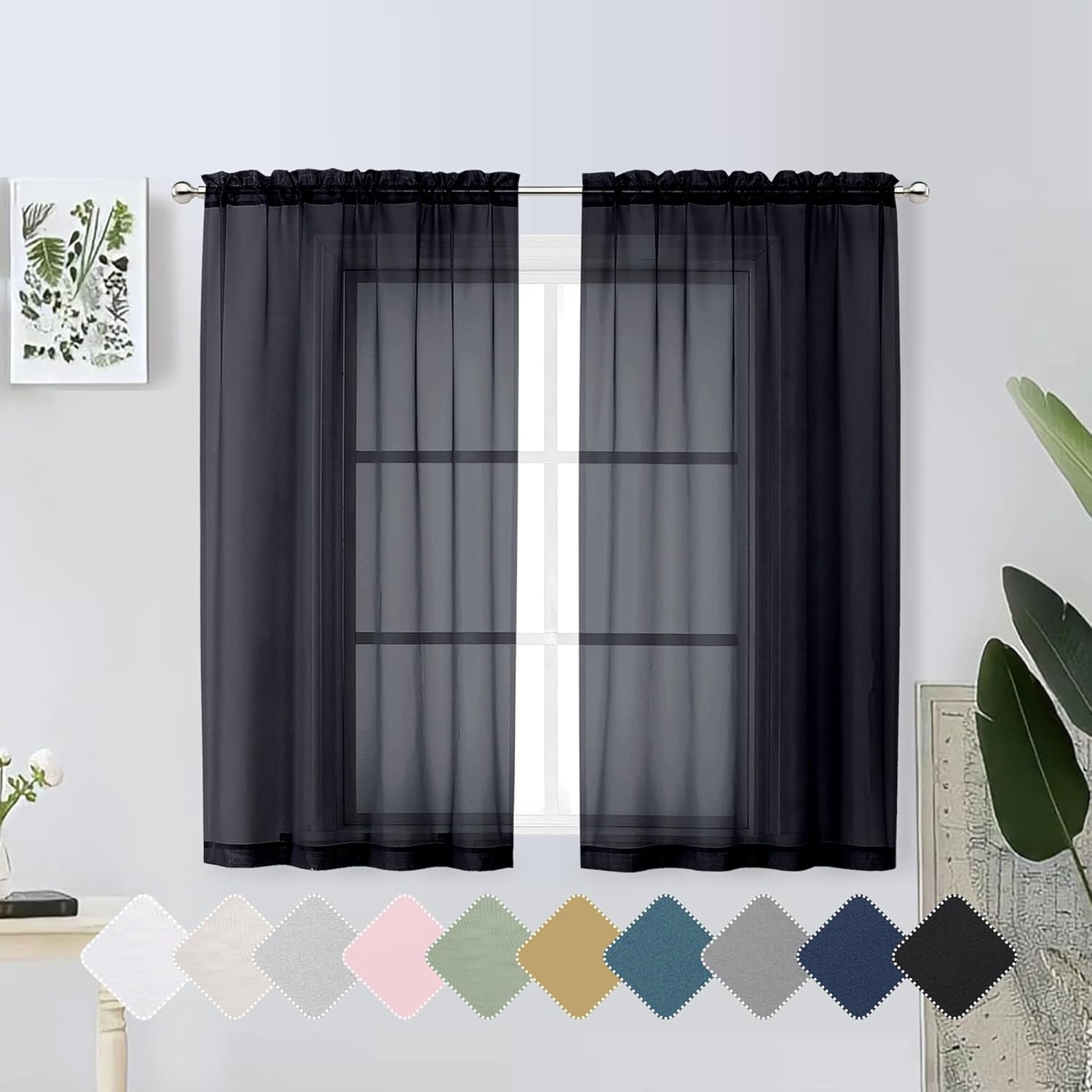 FOWWCN-Window Sheers 54 Inch Length, Airy & Lightweight Solid Black See ...