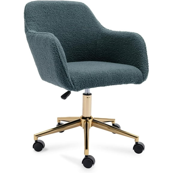 FOXHUNTER Home Office Desk Chair, Swivel Vanity Chair with Golden Legs Computer Chairs Adjustable Rolling Chairs Makeup Chair for Bedroom, Teddy Green