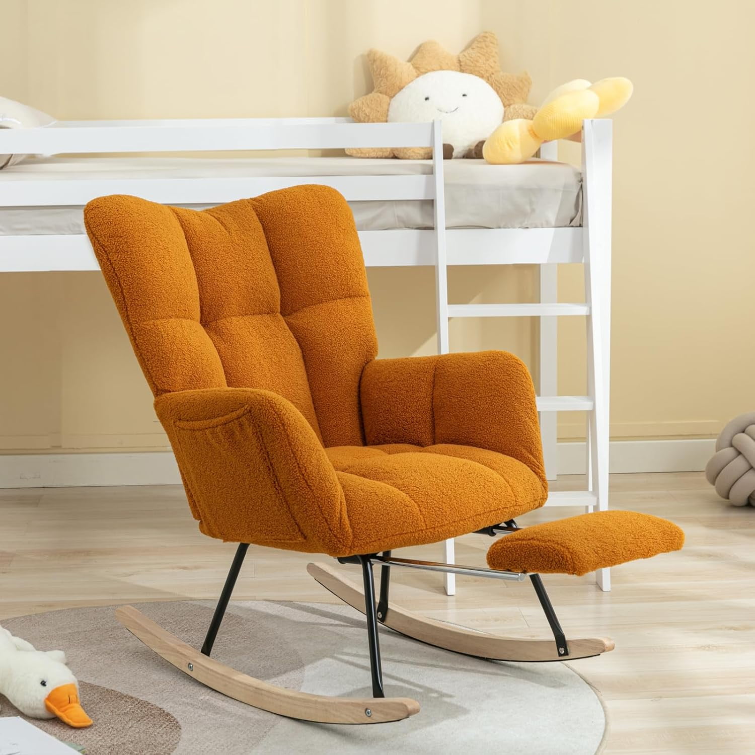 FOXHUNTER Nursery Rocking Chair, Teddy Upholstered Glider Rocker with ...