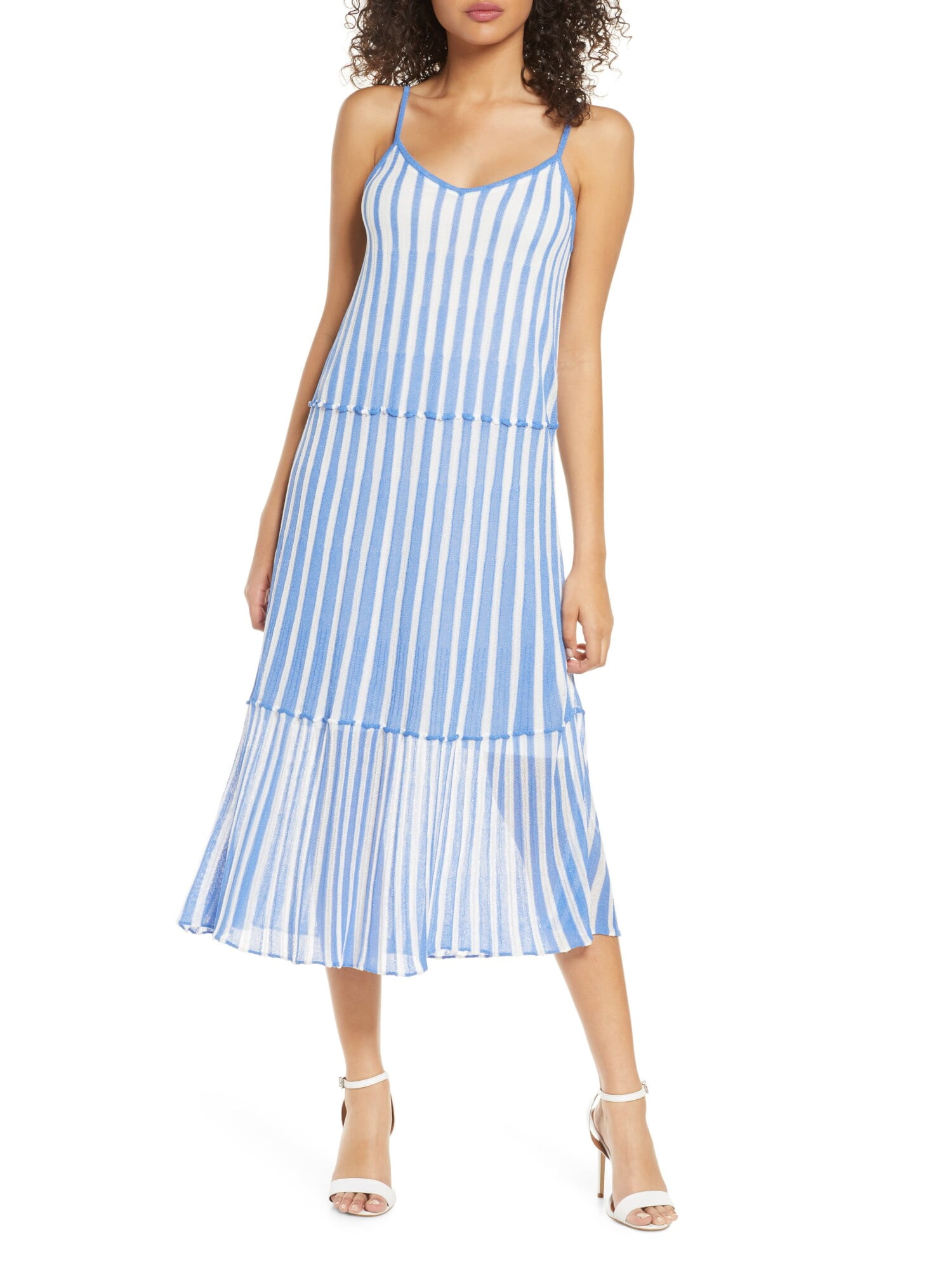 FOXIEDOX Womens Blue Stretch Textured Semi Sheer Tiered Lined Striped  Spaghetti Strap V Neck Midi Shift Dress XS
