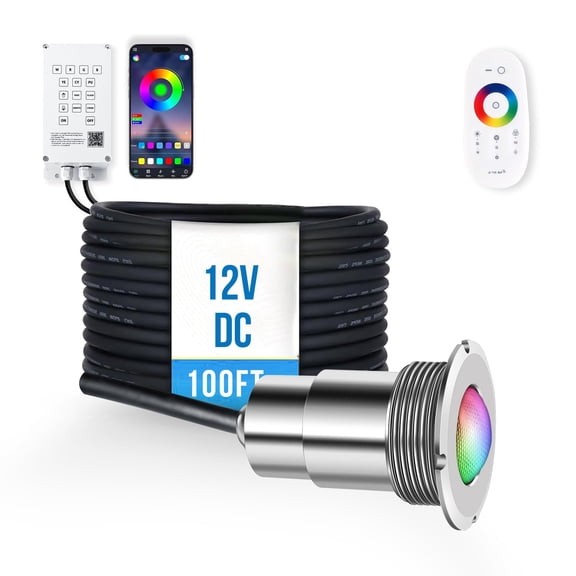 FOXLUX 1.5 Inch LED RGB Multicolor Inground Pool Light and Spa Light, IP68 Waterproof, AC 120V, 100ft Cable with Controller, APP & Remote Control 1 Count per Pack