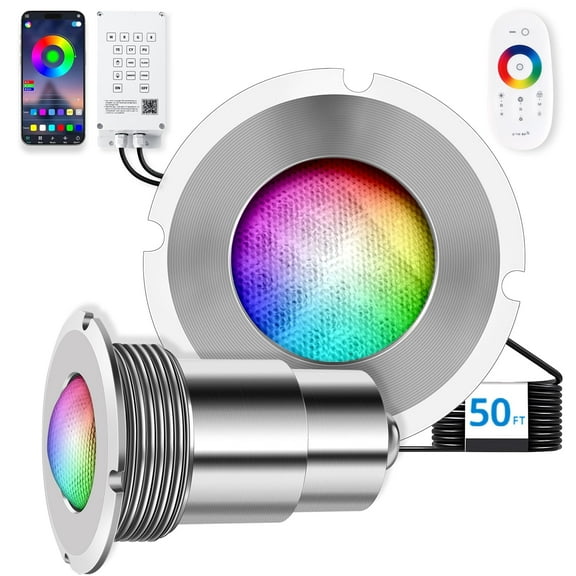 FOXLUX Nicheless Pool Lights, 1.5 Inch LED RGBW Multicolor Inground Pool Light and Spa Light, IP68 Waterproof, AC 120V, 15W,50ft Cable with Controller, APP & Remote Control