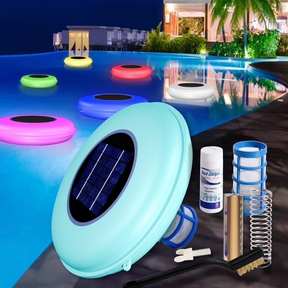 FOXLUX Solar Pool Cleaner & LED RGB Floating Light with Copper Ionization, Solar Powered for Crystal Clear Water, Up to 35,000 Gallons, for Fresh & Salt Water Pools & Spas