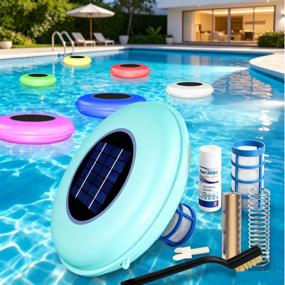 FOXLUX Solar Pool Ionizer & LED RGB Light , Automatic Water Cleaner and Purifier, Solar Powered for Crystal Clear Water, Up to 35,000 Gallons,  Filter for Pools & Spas 1 Count per Pack