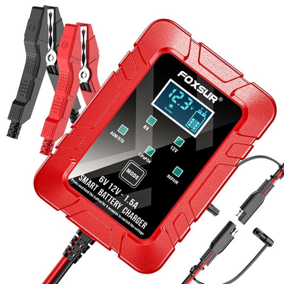 FOXSUR 1.5A Fully Automatic Car Battery Charger, 6V and 12V Smart Automotive Maintainer with LCD Display for Motorcycle, Lawn Mower, AGM, GEL, and Lead-Acid Batteries, Red, US Plug