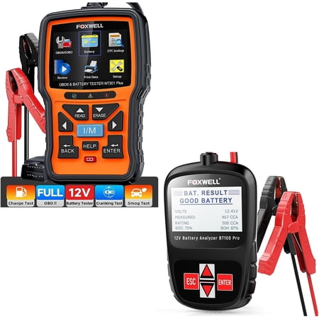 FOXWELL BT100 Pro 12V Car Battery Tester Automotive Digital Battery Analyzer with NT301 Plus OBD2 Scanner Diagnostic Tool Code Reader