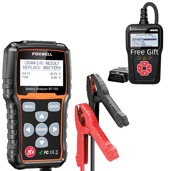FOXWELL BT705 12V 24V Car Battery Tester, 100-2000CCA Battery Load Tester Battery Analyzer, Free Gift: AS100 Car Code Reader Check Engine Diagnostic Tool