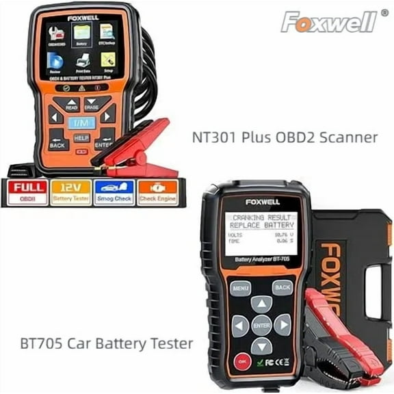 FOXWELL BT705 Alternator Automotive Car Diagnostic Tool with NT301 Plus OBD2 Scanner Battery Tester Code Reader Scan Tool Battery Load Tester for All Cars