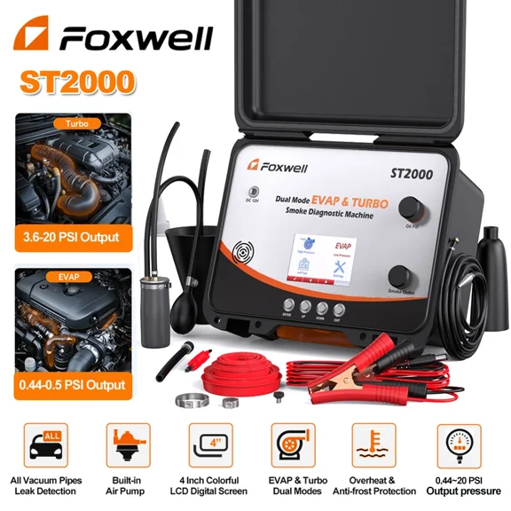 FOXWELL Car Diagnostic Tool Automotive Smoke Machine with Built-in Air Pump, Custom Pressure & Run Time, EVAP & Turbo Leak Leak Detector Smoke Tester, Real-Time Pressure Data