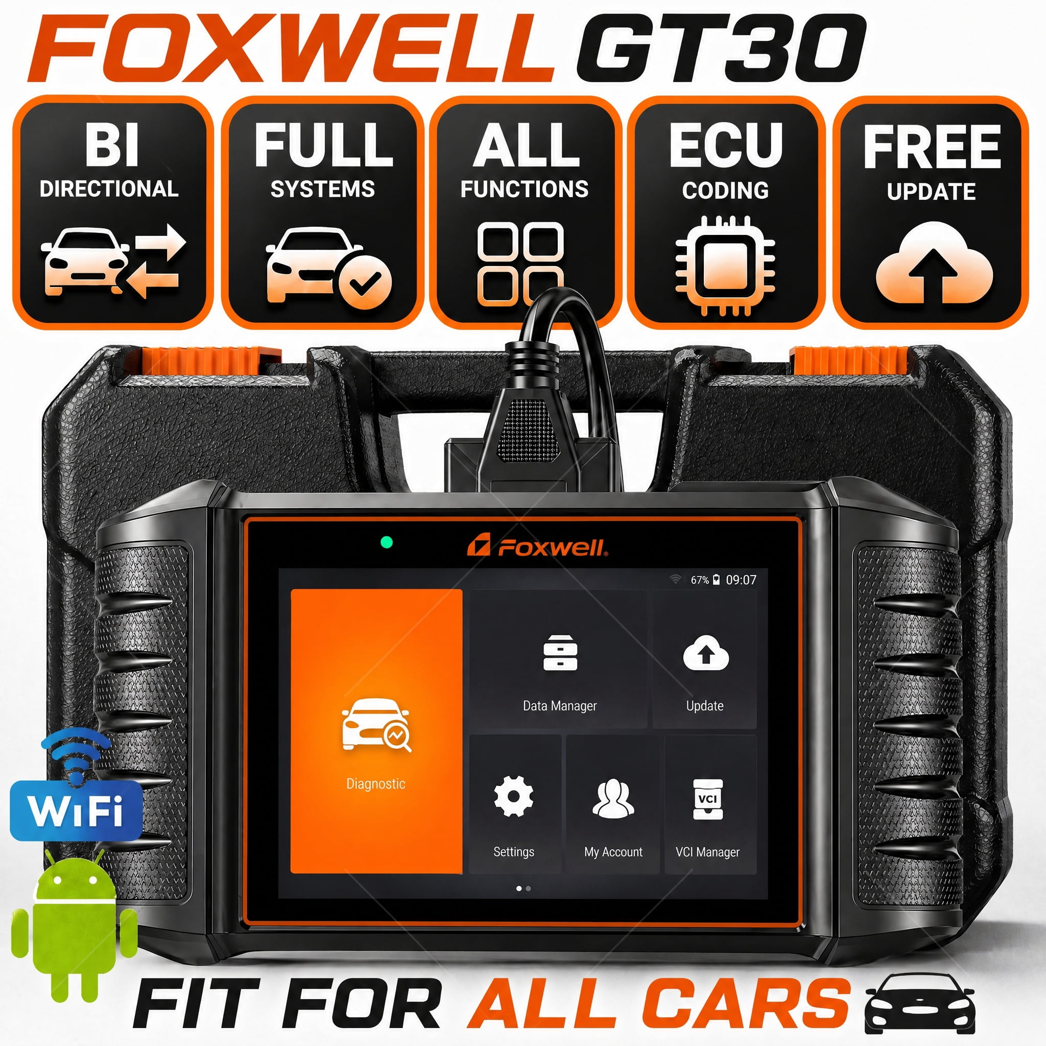 FOXWELL GT30 Bidirectional OBD2 Scanner, Automotive Diagnostic Scan Tool, Full System Code Reader 35+ Service Reset  E-CU Coding Fit For All Cars