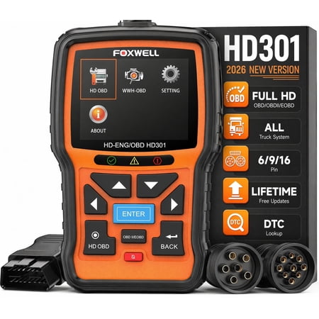 FOXWELL HD301 Heavy Duty Truck Scanner Code Reader, Full System Diesel Diagnostic Scan Tool with DTC Lookup, Support 6/9/16 Pin Connectors, Lifetime Free Updates