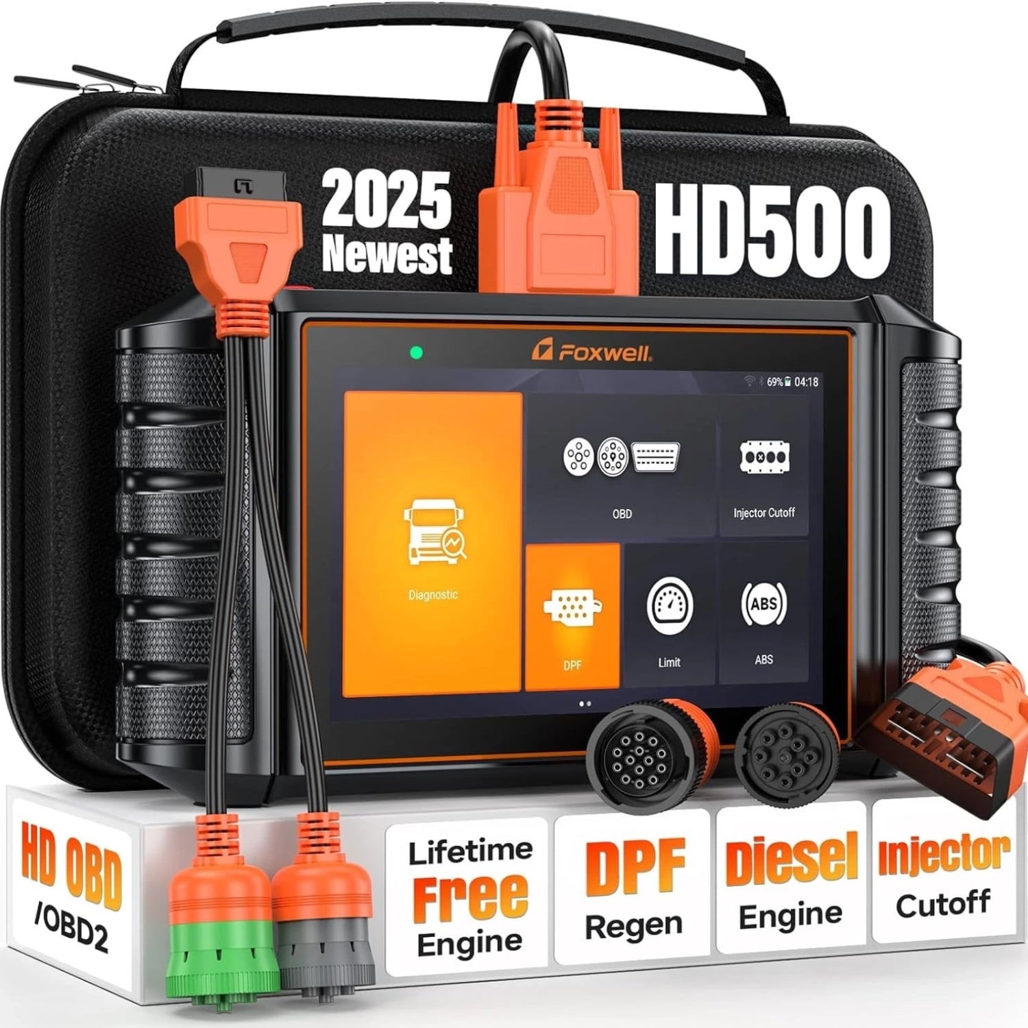 FOXWELL HD500 Heavy Duty Truck Scanner, Full System Diesel Diagnostic Scan Tool with DPF, Limit Setting, Injector Cutoff, Diesel OBD2 Diagnostic Scanner for Cummins, Detroit, Caterpillar, Paccar