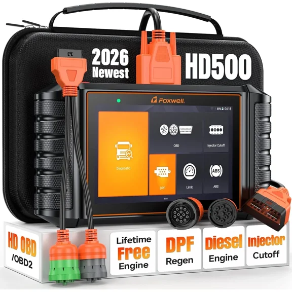 FOXWELL HD500 Heavy Duty Truck Scanner, Full System Diesel Diagnostic Scan Tool with DPF, Limit Setting, Injector Cutoff, Diesel OBD2 Diagnostic Scanner for Cummins, Detroit, Caterpillar, Paccar
