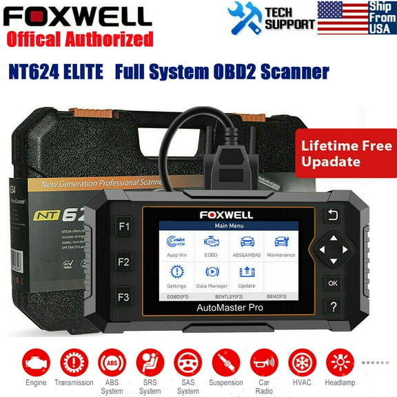 FOXWELL NT624 Elite Full System ABS SRS Transmission OBD2 Scanner ABS Bleeding/ SAS Calibration/Throttle Reset/Oil/EPB 5 Reset Car Diagnostic Tool Auto VIN Code Reader Update Lifetime Free