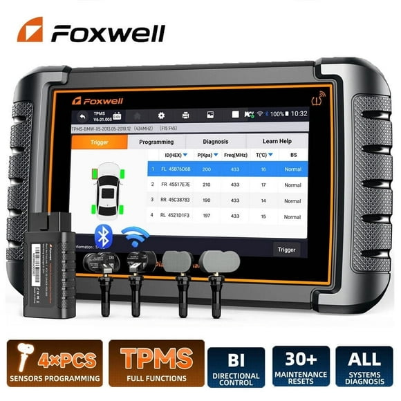 FOXWELL NT809TS TPMS Relearn Activation Tool OBD2 Scanner All Systems Bi-Directional Diagnostic Scan Tool 30+ Reset Active Test EOBD OBD Car Diagnostic Scanner TPMS Functions with 4PCS Sensors