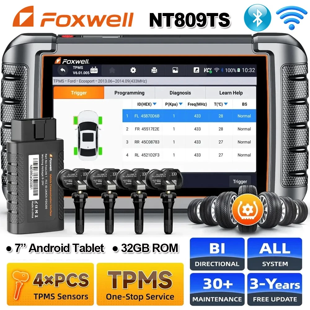 FOXWELL NT809TS TPMS Relearn Reset Tool OBD2 Scanner Full System Bidirectional Diagnostic Tool with 30+ Reset Service, ABS Bleeding, Injector C0ding, SAS/EPB/Oil Reset, 3 Year Free Update