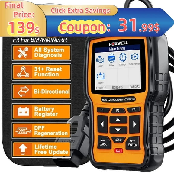 FOXWELL NT510 ELITE OBD2 Scanner For BMW Bidirectional Full Systems Car Diagnostic Scan Tool Active Test SRS EPB SAS Code Reader