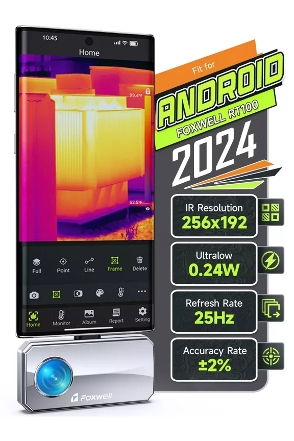 RT100 Thermal Camera for Android, 256x192 IR Resolution, 0.24W Ultra-Low Power(8-12H Battery Life), -4°F to 1022°F, 25Hz Refresh Rate, Lightweight Thermal Imaging Camera for Home Inspection