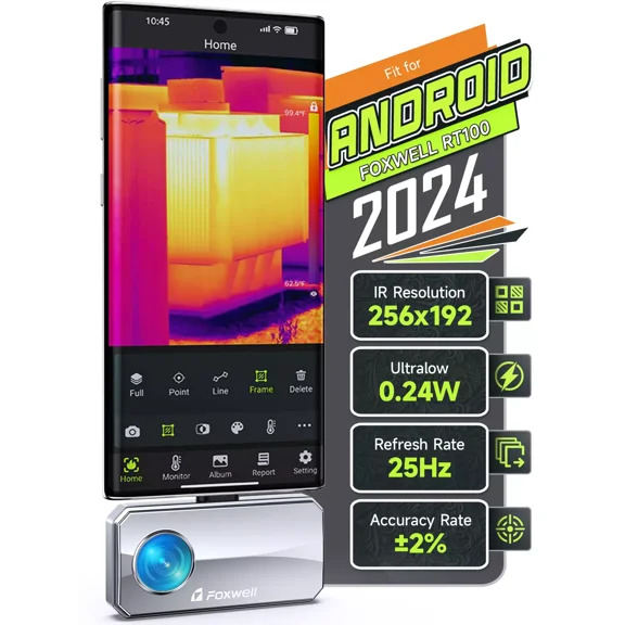 FOXWELL RT100 Thermal Camera for Android, 256x192 IR Resolution, 0.24W Ultra-Low Power(8-12H Battery Life), -4°F to 1022°F, 25Hz Refresh Rate, Lightweight Thermal Imaging Camera for Home Inspection