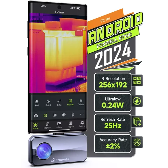 FOXWELL RT100 Thermal Camera for Android, 256x192 IR Resolution, 0.24W Ultra-Low Power(8-12H Battery Life), -4°F to 1022°F, 25Hz Refresh Rate, Lightweight Thermal Imaging Camera for Home Inspection