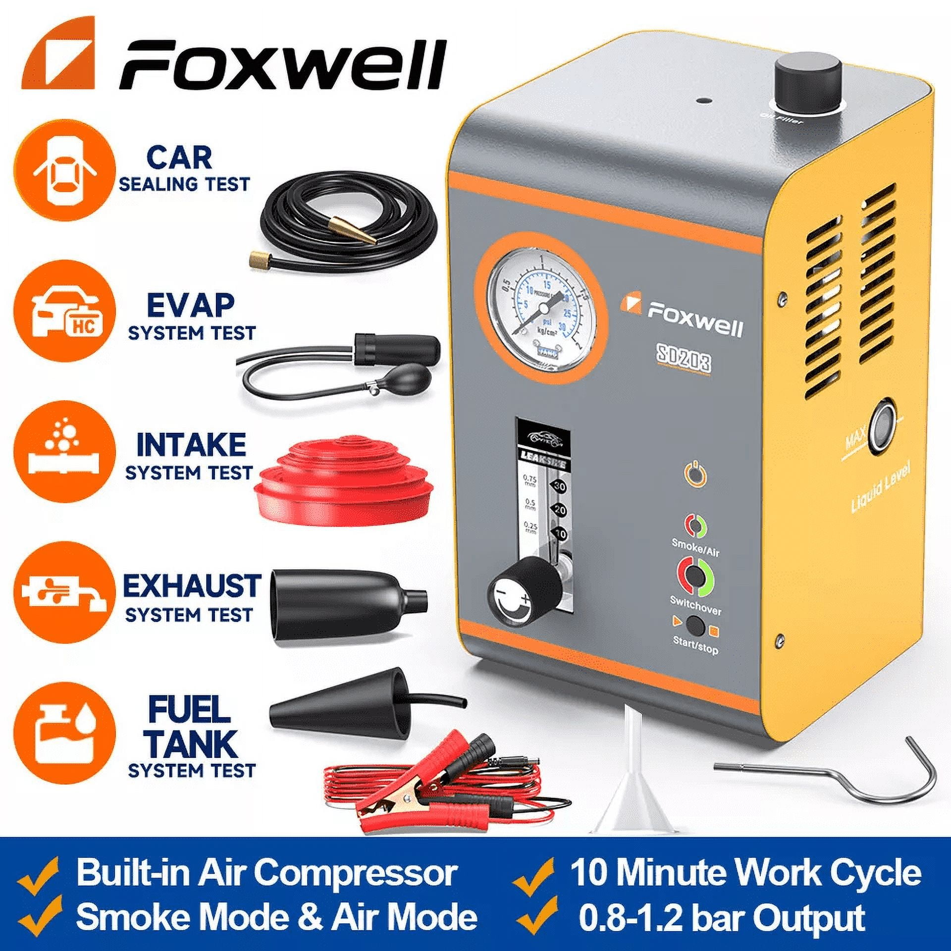 FOXWELL SD203 Automotive Smoke Machine with Pressure Gauge & Flow Meter, All Systems All Pipes EVAP Vacuum Leak Detector for All Vehicles