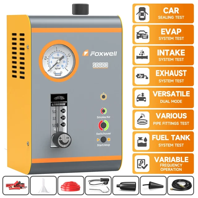 FOXWELL SD203 Automotive Smoke Machine with Pressure Gauge & Flow Meter, All Systems EVAP Vacuum Leak Detector