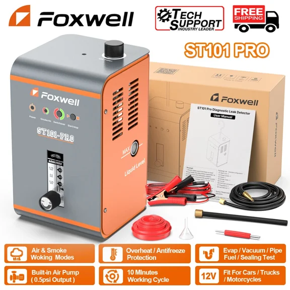 FOXWELL ST101 PRO EVAP Smoke Machine Automotive Leak Detector Built-in Air Pump, Flowmeter, Air/Smoke Mode, EVAP Vacuum Leak Detector Fuel Pipe Leak Test Tool for DC12V Vehicles