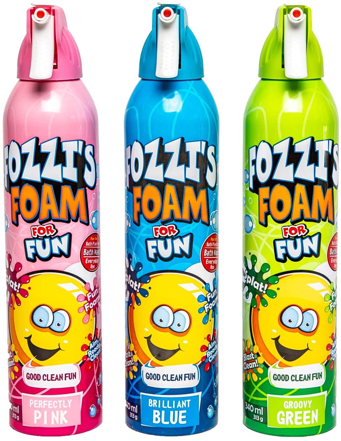 Fozzis Bath Soap Foam Aerosol for Kids Perfectly Pink, Brilliant Blue, Groovy Green ,good Clean Fun, (11.O4 oz x 3)