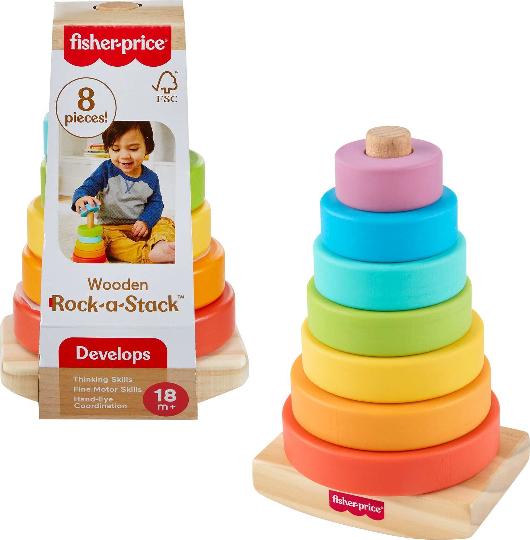 Fisher-Price Wooden Rock-a-Stack, Toddler Ring-Stacking Activity Toy with 8 Wood Pieces