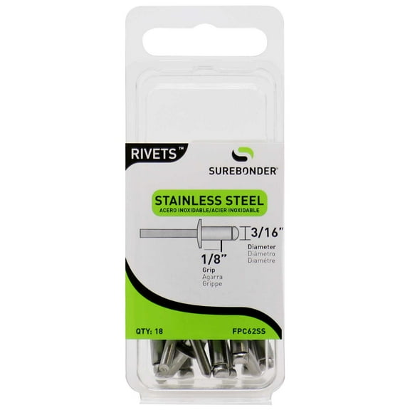 FPC62SS Short Stainless Steel Rivets - 3/16" Diameter, 1/8" Grip - 18 Count