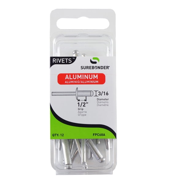 FPC68A Long Aluminum Rivets - 3/16" Diameter, 1/2" Grip - 12 Count
