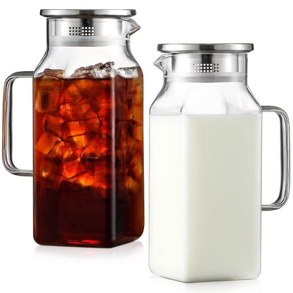 FPCYCG 2pcs 40oz Glass Pitcher with Lid and Handle Water Pitcher Coffee Beverage Serveware Iced Tea Pitcher,Glass Jug Carafe Infuser for Fridge Hot/Cold Drinks