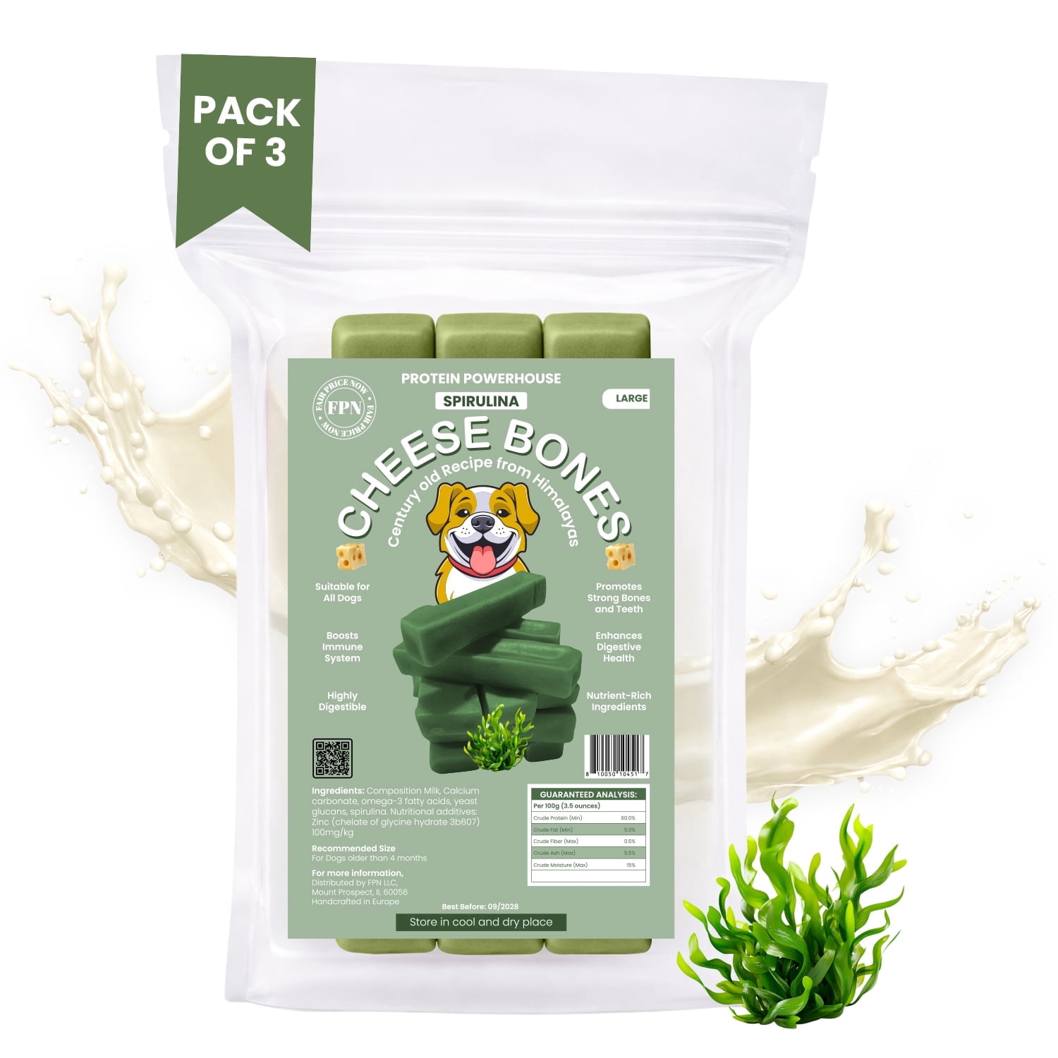 FPN Cheese Dog Chew Spirulina Himalayan Yak – Long Lasting Natural Dog Chews for Aggressive Chewers – High Protein Cow Milk Alternative Healthy Dental Dog Treat – Made in Belgium (Large)
