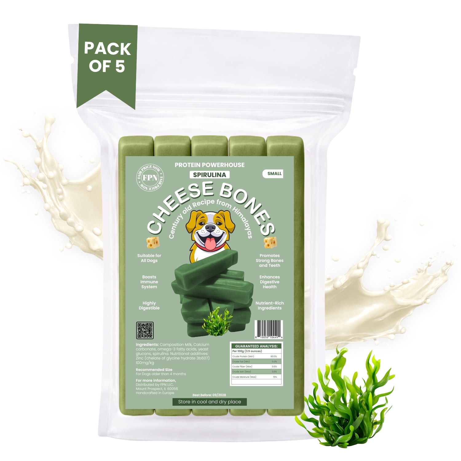 FPN Cheese Dog Chew Spirulina Himalayan Yak – Long Lasting Natural Dog Chews for Aggressive Chewers – High Protein Cow Milk Alternative Healthy Dental Dog Treat – Made in Belgium (Small)