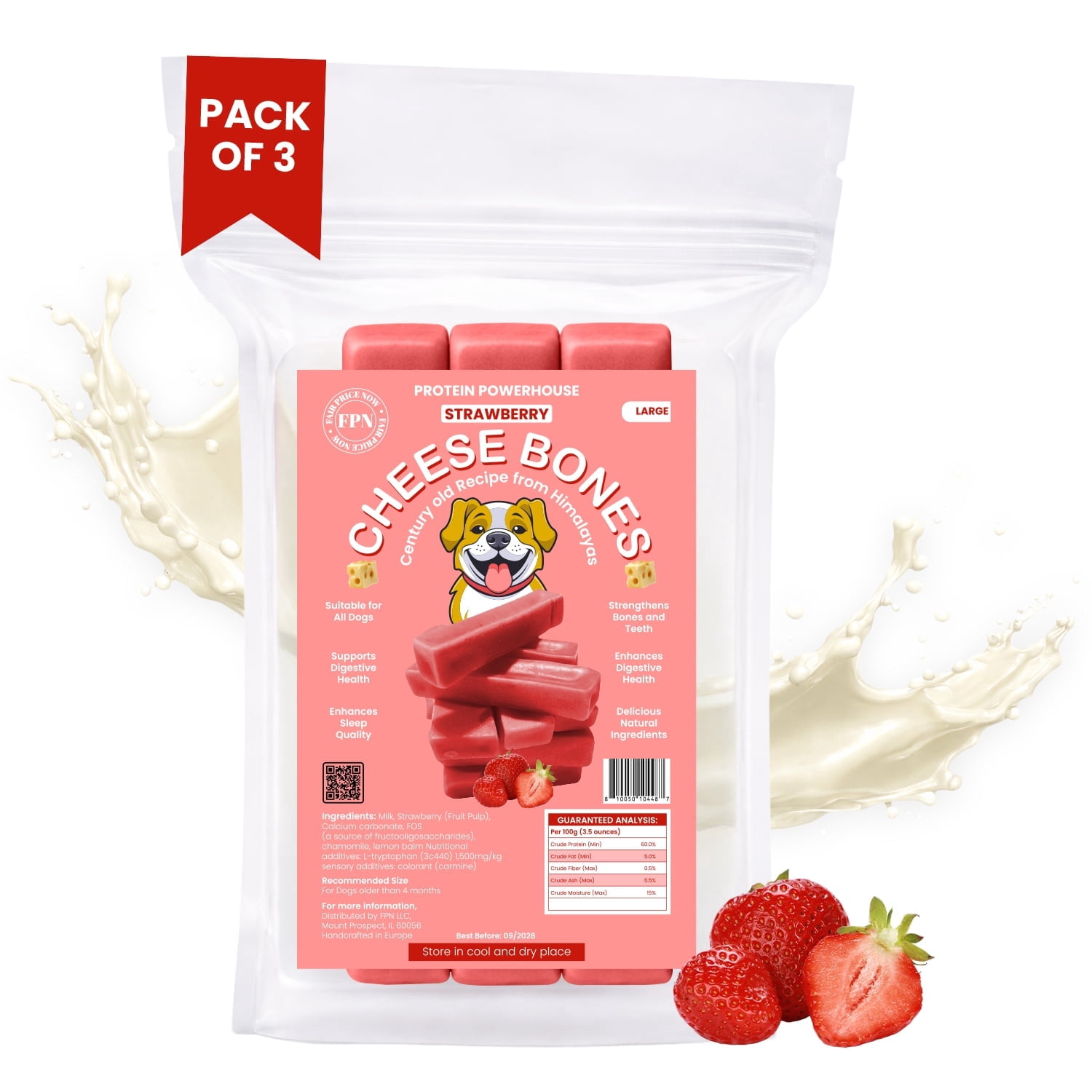 FPN Cheese Dog Chew Strawberry Himalayan Yak – Long Lasting Natural Dog Chews for Aggressive Chewers – High Protein Cow Milk Alternative Dental Chew – Low Lactose Healthy Dog Treat (Large)