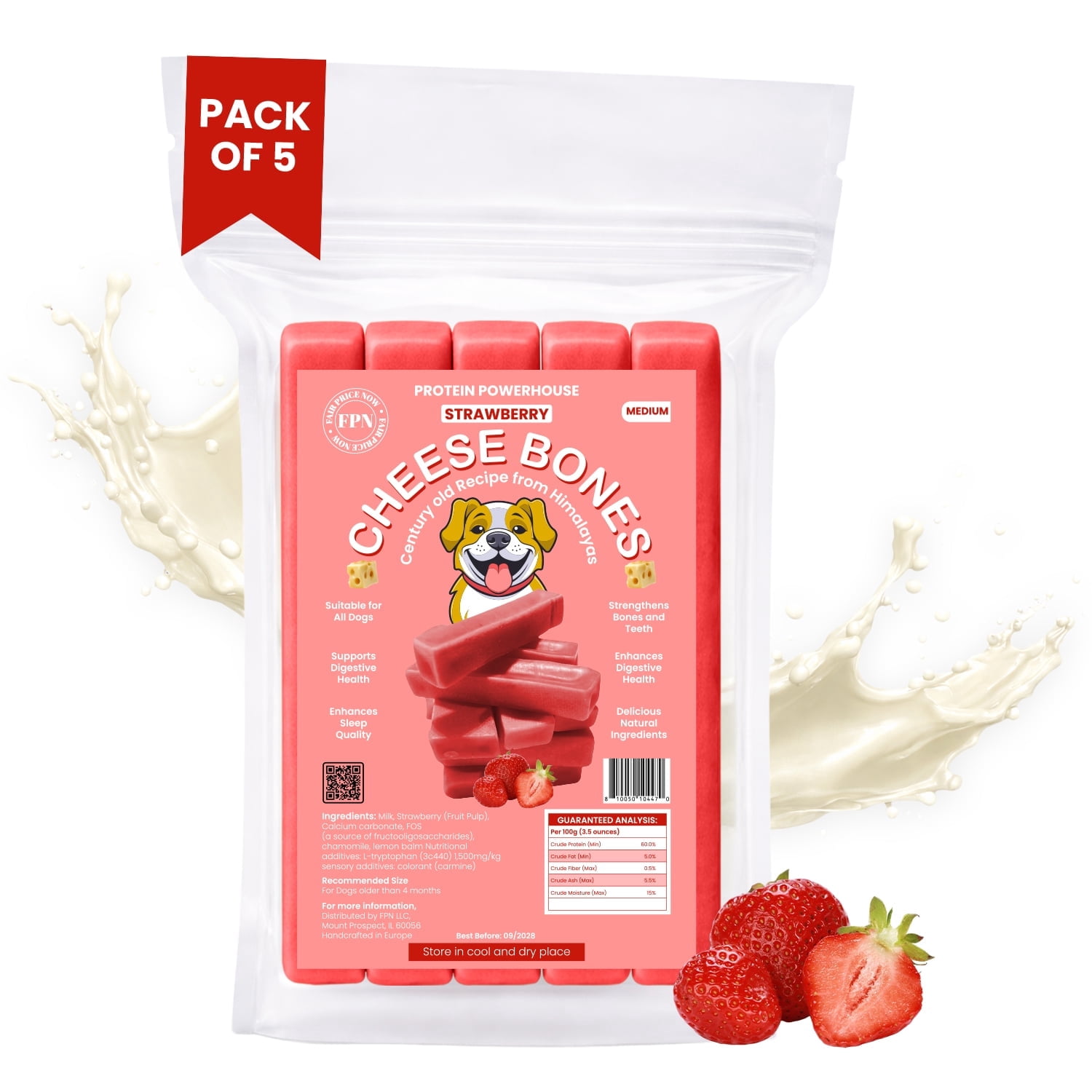 FPN Cheese Dog Chew Strawberry Himalayan Yak – Long Lasting Natural Dog Chews for Aggressive Chewers – High Protein Cow Milk Alternative Dental Chew – Low Lactose Healthy Dog Treat (Medium)