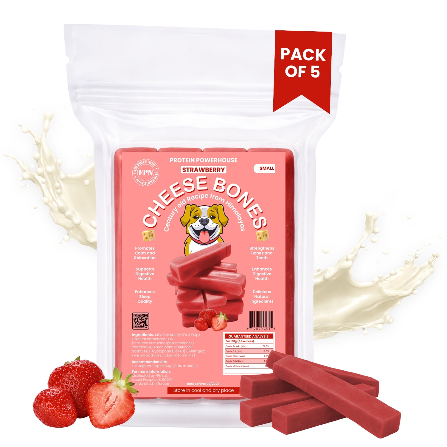 FPN Cheese Dog Chew Strawberry Himalayan Yak – Long Lasting Natural Dog Chews for Aggressive Chewers – High Protein Cow Milk Alternative Dental Chew – Low Lactose Healthy Dog Treat (Small)