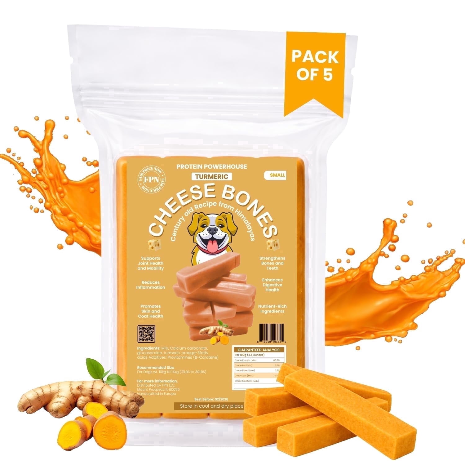 FPN Cheese Dog Chew Turmeric Himalayan Yak – Long Lasting Natural Dog Chews for Aggressive Chewers – High Protein Cow Milk Alternative Healthy Dental Dog Treat – Made in Belgium (Small)