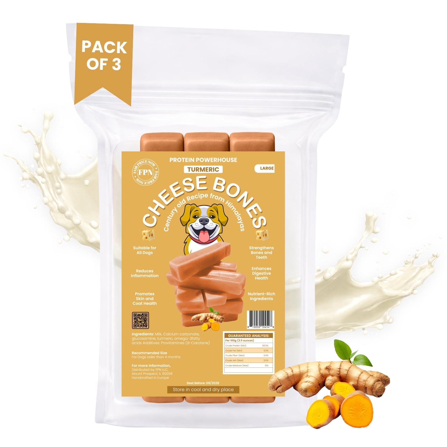 FPN Cheese Dog Chew Turmeric Himalayan Yak – Long Lasting Natural Dog Chews for Aggressive Chewers – High Protein Cow Milk Alternative Healthy Dental Dog Treat – Made in Belgium (Large)