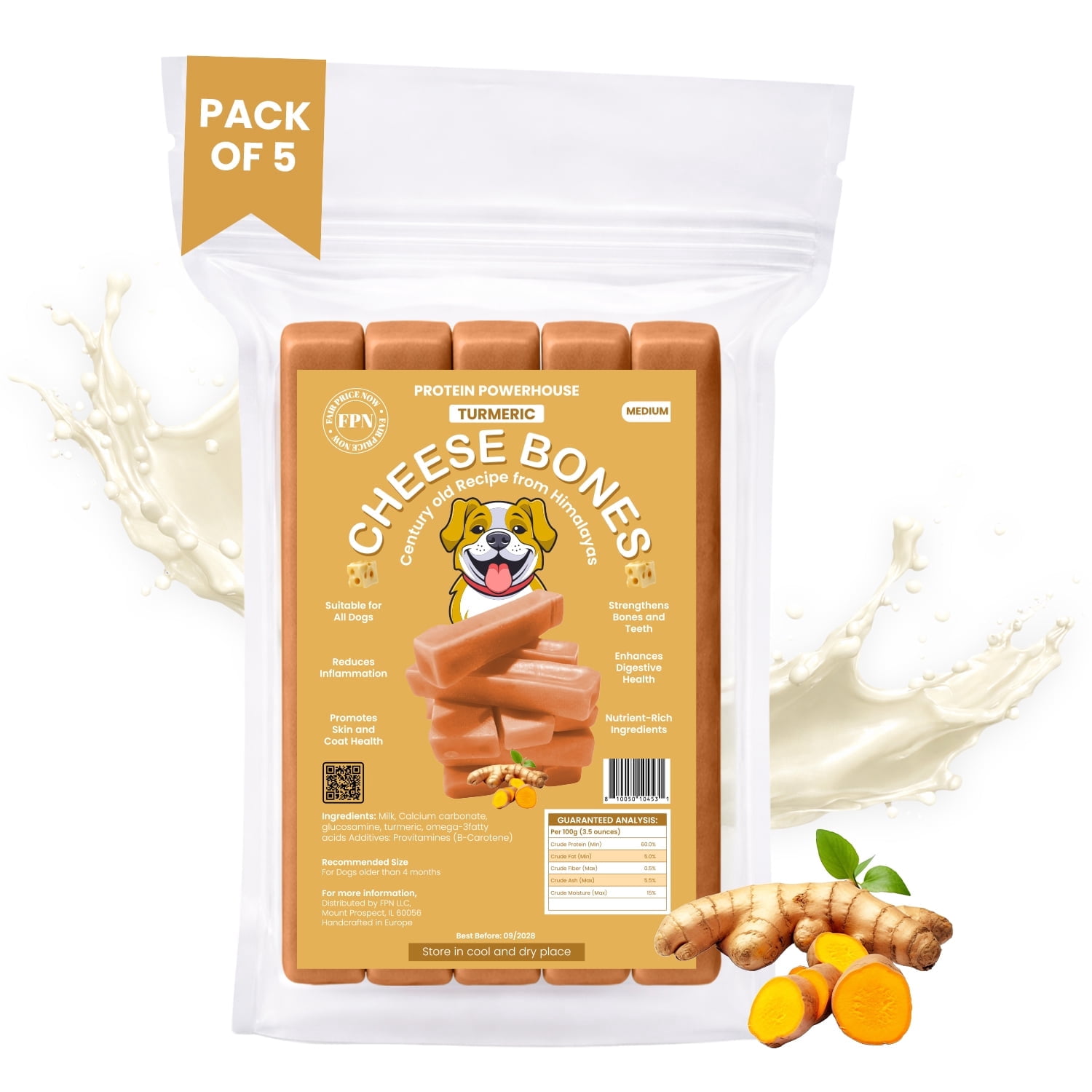 FPN Cheese Dog Chew Turmeric Himalayan Yak – Long Lasting Natural Dog Chews for Aggressive Chewers – High Protein Cow Milk Alternative Healthy Dental Dog Treat – Made in Belgium (Medium)