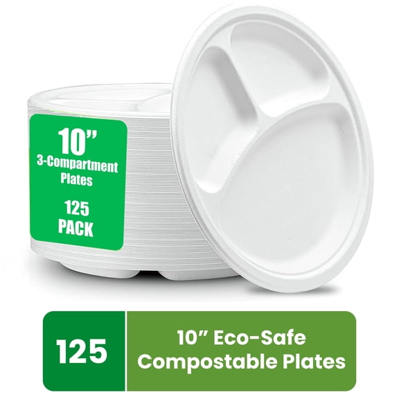 FPN Disposable Compartment Plates, 10 in, 125-Pack, Compostable, Microwave-Safe for every Events