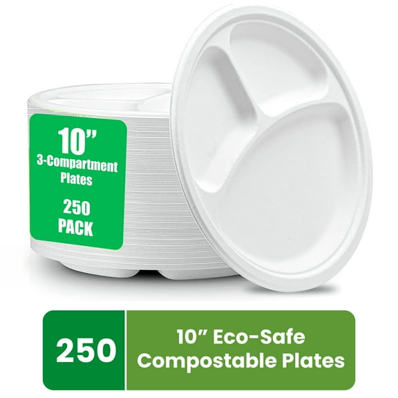 FPN Compartment Plates  250 Pack, 10 in Disposable - Compostable–Sturdy, Microwave Freezer Safe, Bpa - Free Natural Tableware for Parties, Weddings, Events