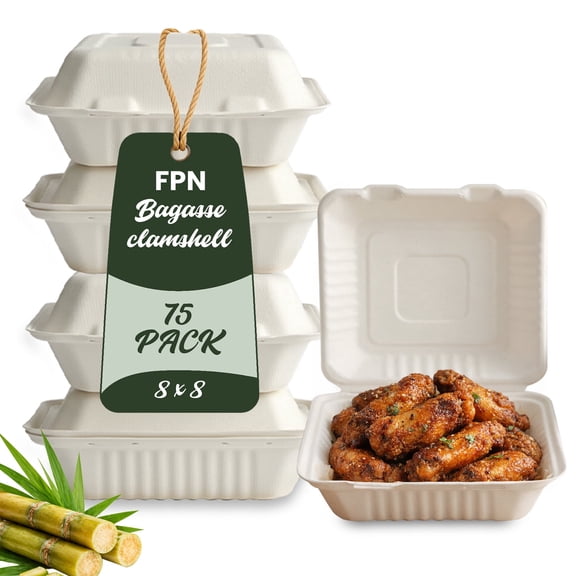 FPN Compostable Clamshell Takeout Boxes 8x8 Inch – 75 Pack To Go Food Containers | Heavy-Duty Biodegradable Disposable Lunch Boxes, Microwave Safe Meal Prep & Catering Containers