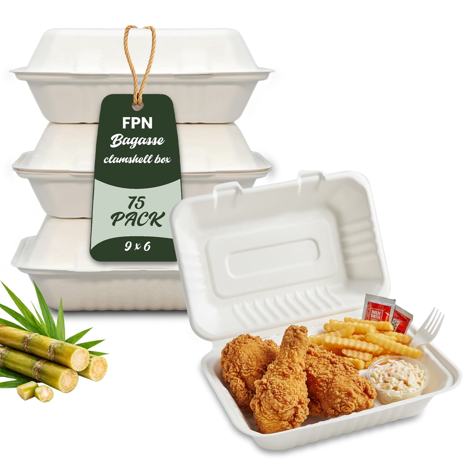 FPN Compostable Takeout Boxes 9x6 – 75 Pack Clamshell To Go Containers ...