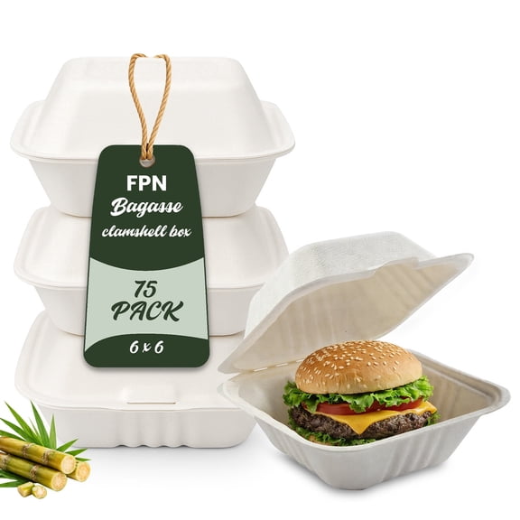 FPN Compostable Clamshell Takeout Boxes 6x6 Inch – 75 Pack To Go Containers for Food | Heavy-Duty Biodegradable Disposable Food Containers, Microwave Safe Meal Prep & Restaurant Take Out Boxes