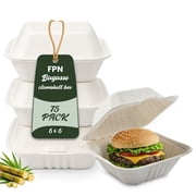 FPN Compostable Clamshell Takeout Boxes 6x6 Inch   75 Pack To Go Containers for Food | Heavy-Duty Biodegradable Disposable Food Containers, Microwave Safe Meal Prep & Restaurant Take Out Boxes